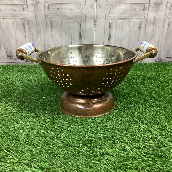 Vintage Copper Colander Tin Lined Porcelain Handles - Picture 10 of 15